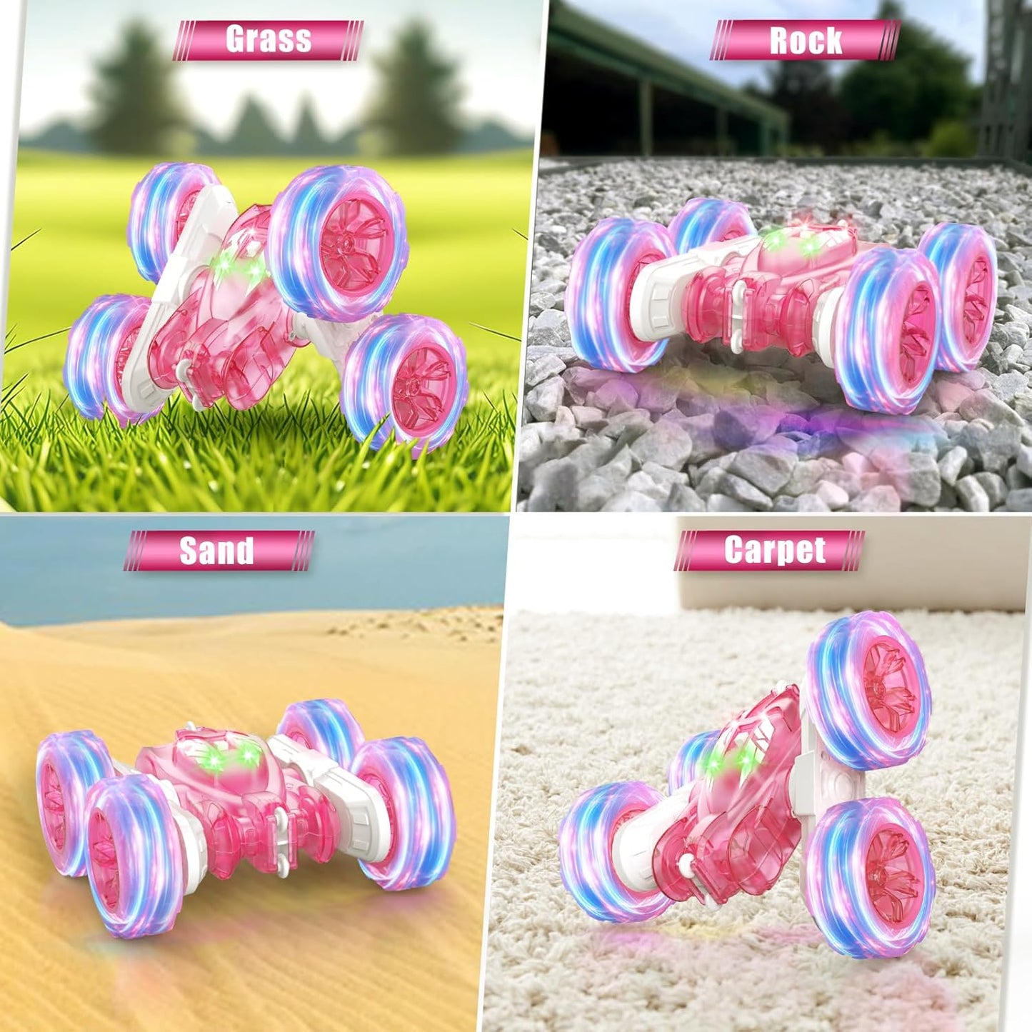 Pink Remote Control Car for Girls Rechargeable Fast Direct Charging RC Cars for Kids with Colorful Light,Double-Sided 360° Rotating RC Stunt Car 4WD RC Car Toys for Ages 5-7 Gift for Girls Aged 6-12
