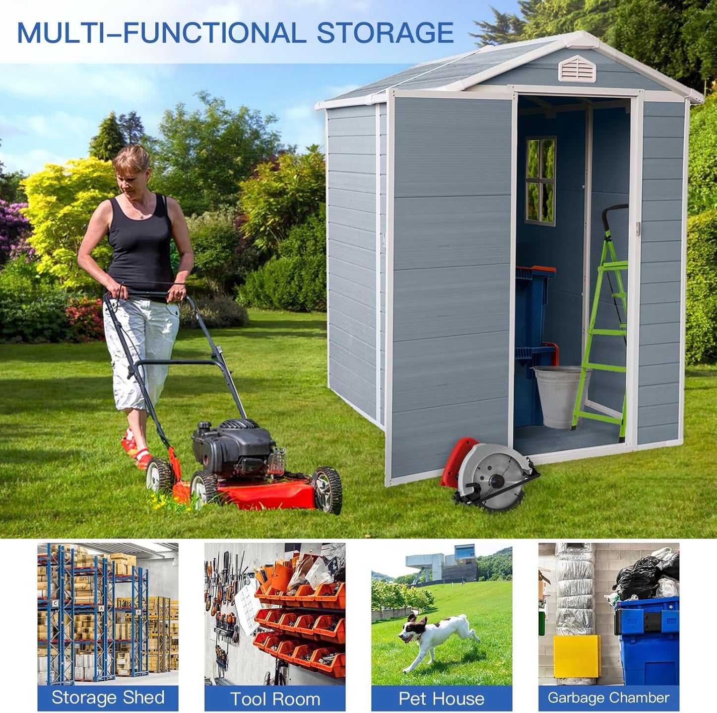 4x6 FT Outdoor Storage Shed, Resin Garden Shed with Thick Floor, Plastic Storage Shed with Window, Waterproof Outside Tool Shed with Lockable Hinged Door for Backyard, Patio, Lawn, Light Gray