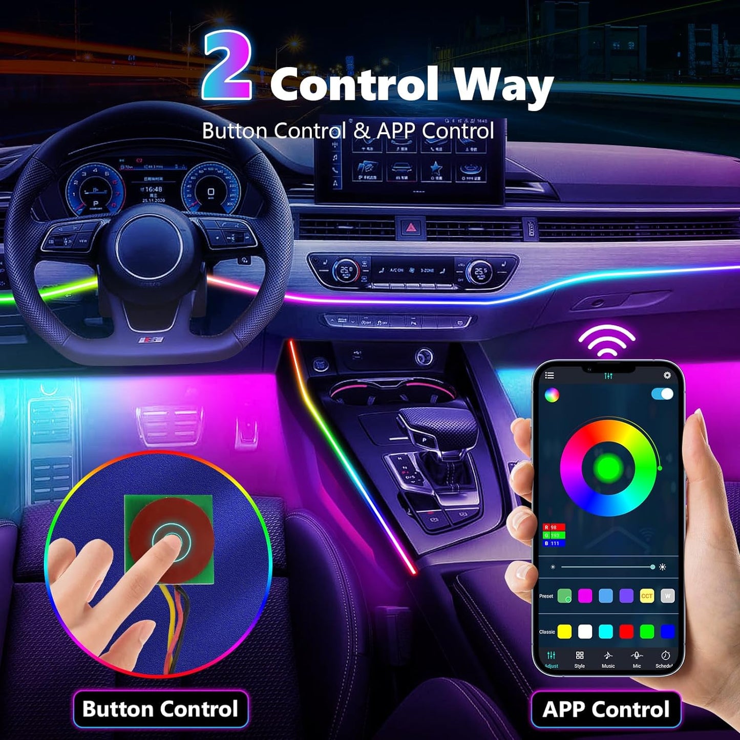 Dreamcolor Acrylic Interior Car Lights, AMKI Car LED Strip Light with APP Control, Car Accessories Car Ambient Neon Light Kit with RGB 14 in 1 and 175 inches 593 LEDs, 16 Million Color Sound Activated