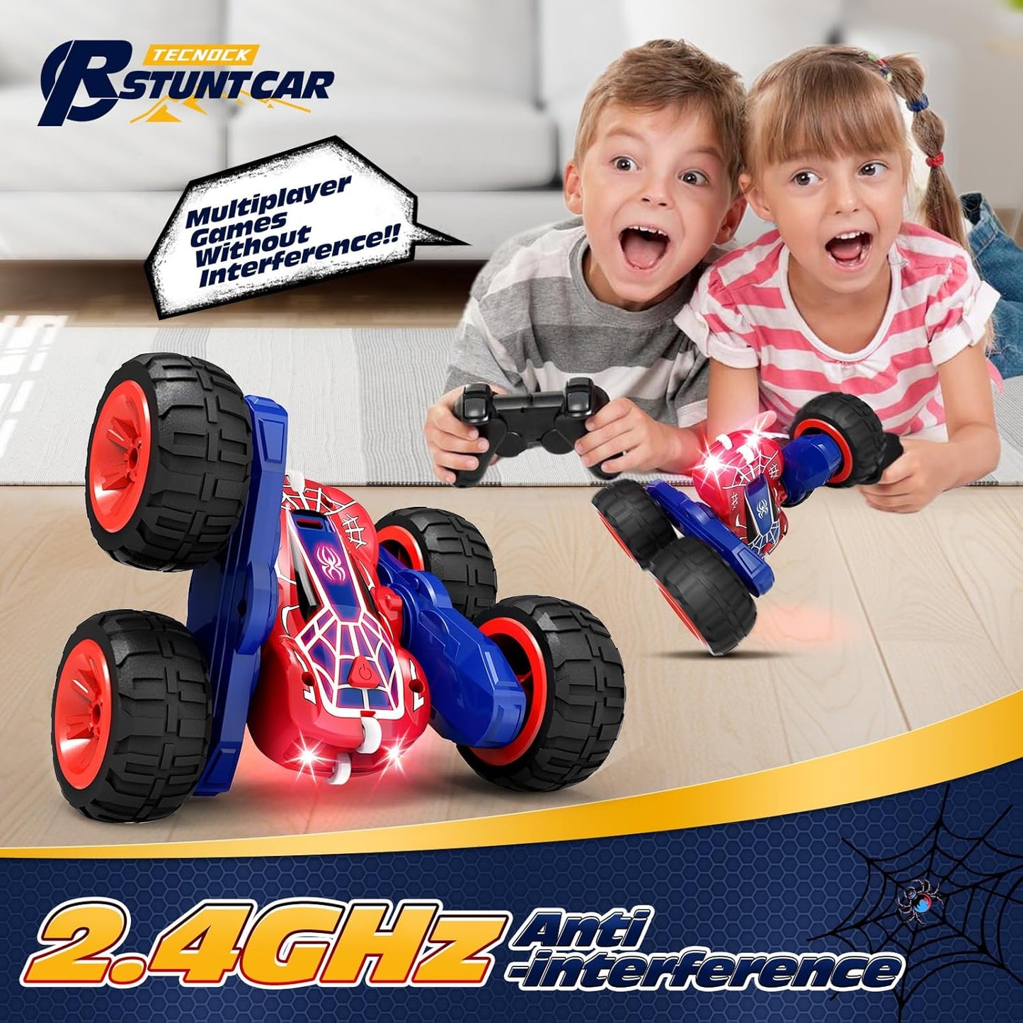 Tecnock Spider Remote Control Car, 2.4GHz RC Cars with USB-C Easy Charging, 4WD Double Sided 360° Rotates & Flips RC Stunt Car, Toys Gift for Boys and Girls