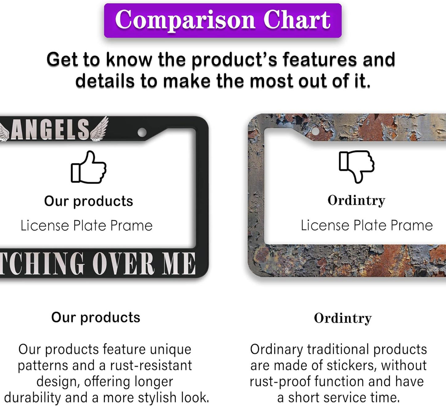 Car Plate Frames Black and White License Plate Protector Angels are Watching Over Me Universal Aluminum Car Accessory 2 Pack with Screw Covers Set