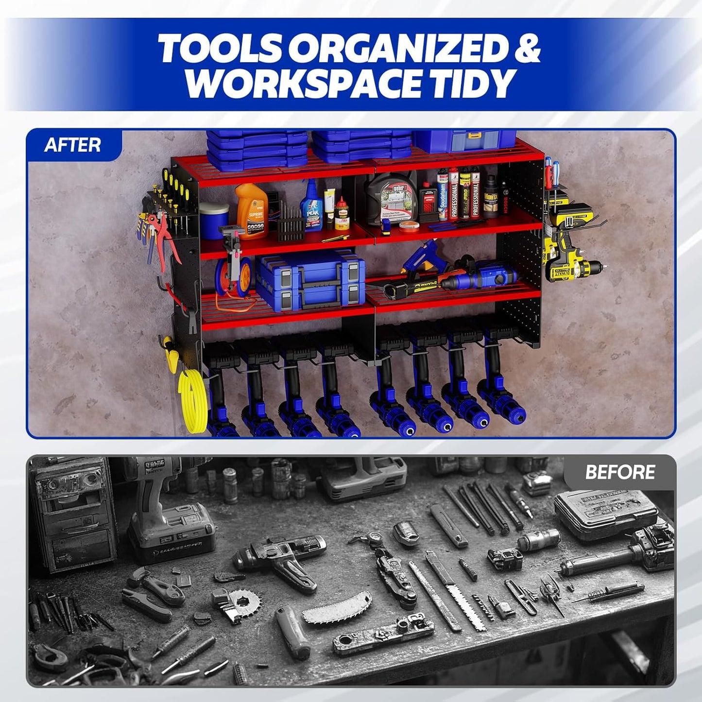 FAHKNS Power Tool Organizer Wall Mount, 4 Layer Heavy Duty Metal Tool Storage Rack, Garage Wall Organizers with 8 Drill Holder Screwdriver Holder, Cordless Tool Organizer for Garage Workshop Shed