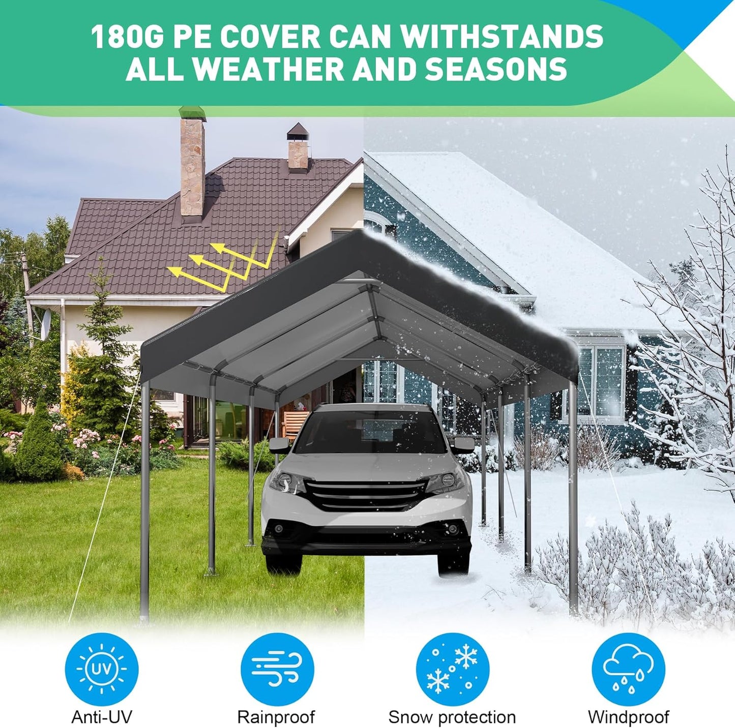 10X20 Ft Heavy Duty Carport Canopy, Portable Garage, Car Tents, Easy to Assemble, Reinforced Structure, with Hanging Edge, Applicable to Car, Bike, Boat, Party (Gray)