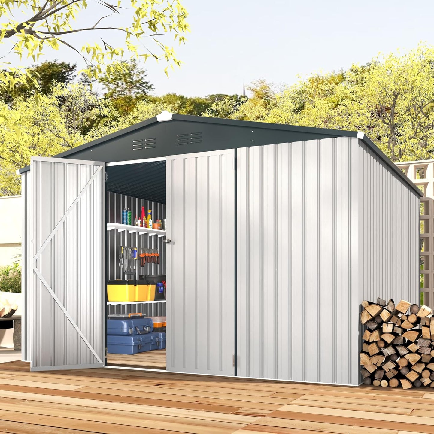 AECOJOY Shed 12' x 10' Storage Shed Large, Sheds & Outdoor Storage Clearance 10x12 Sheds with Lockable Doors, Utility and Tool Storage Shed for Garden, Backyard, Patio, Outside use in White
