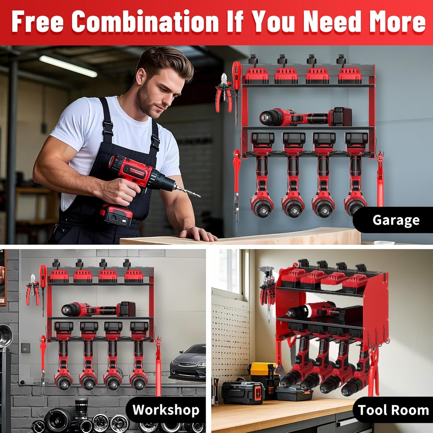 3-Tier Modular Drill Holder & Power Tool Organizer Wall Mount with Charging Station, Tool Storage Rack with Hooks, 8-Outlet Power Strip, Bit Rack & Cordless Garage Tool Organization (Red)