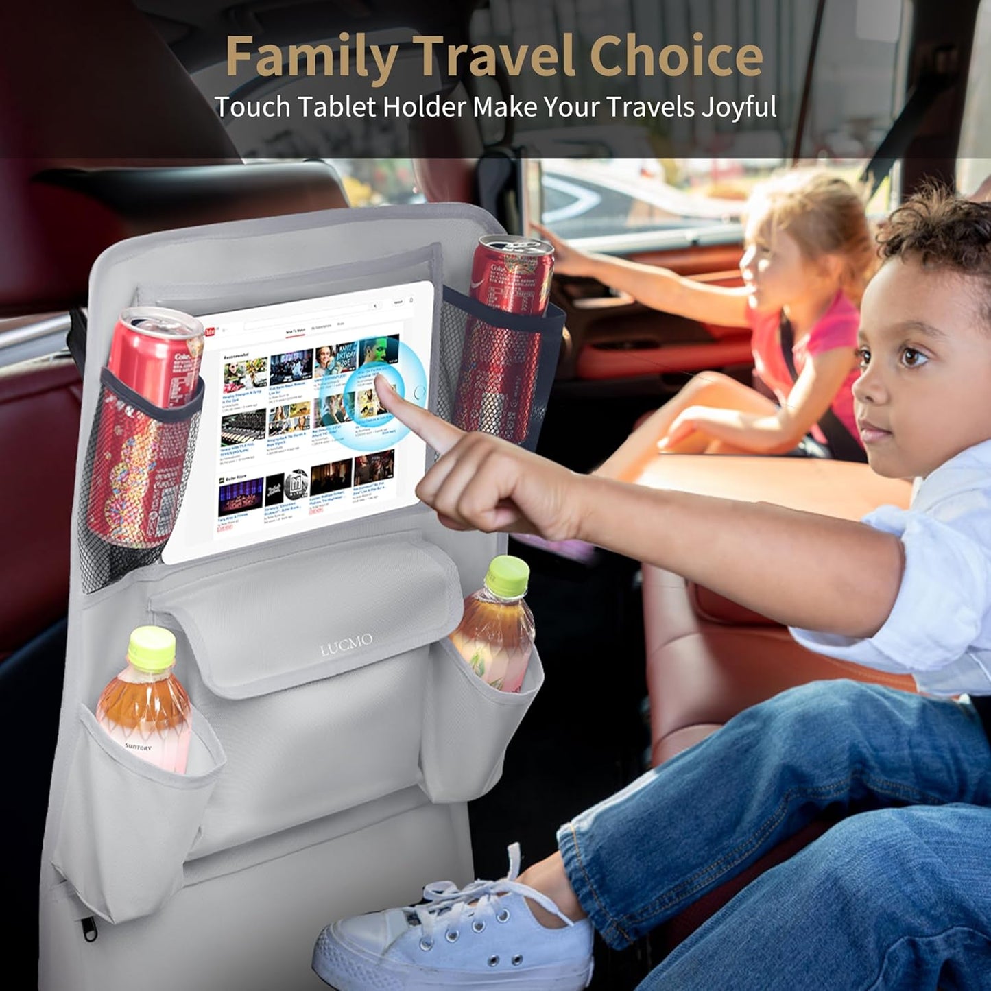 LUCMO Car Backseat Organizer with Touch Screen Tablet Holder,9 Storage Pockets Car Storage Organizer,Protectors Kick Mats Travel Accessories for Kids-Grey