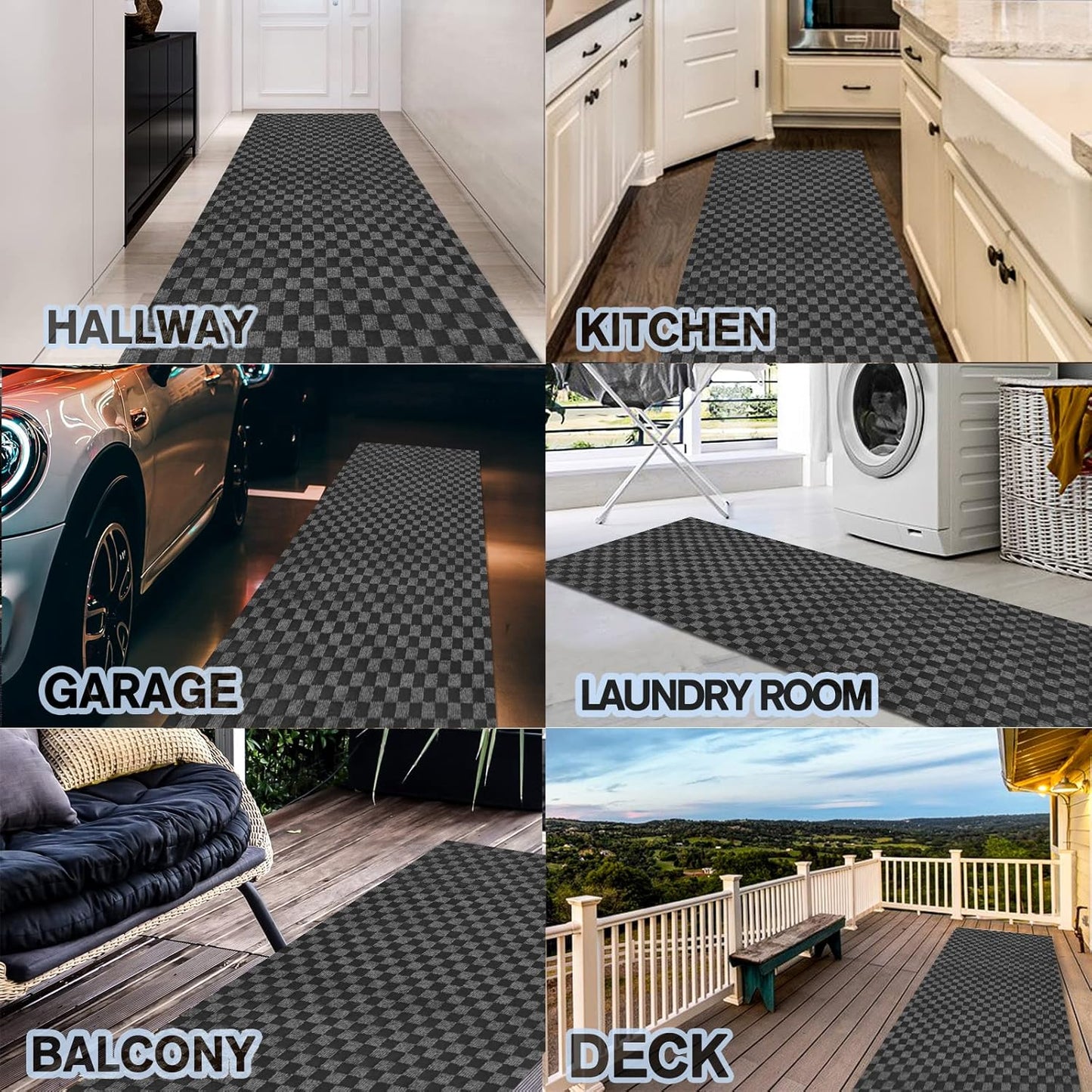 Custom Size Backed Non-Slip Area Rugs Runner, Easy Clean, Waterproof Runner Rugs for Hallway Entryway, Kitchen, Laundry, 2FT x 38FT, Gray Checkered