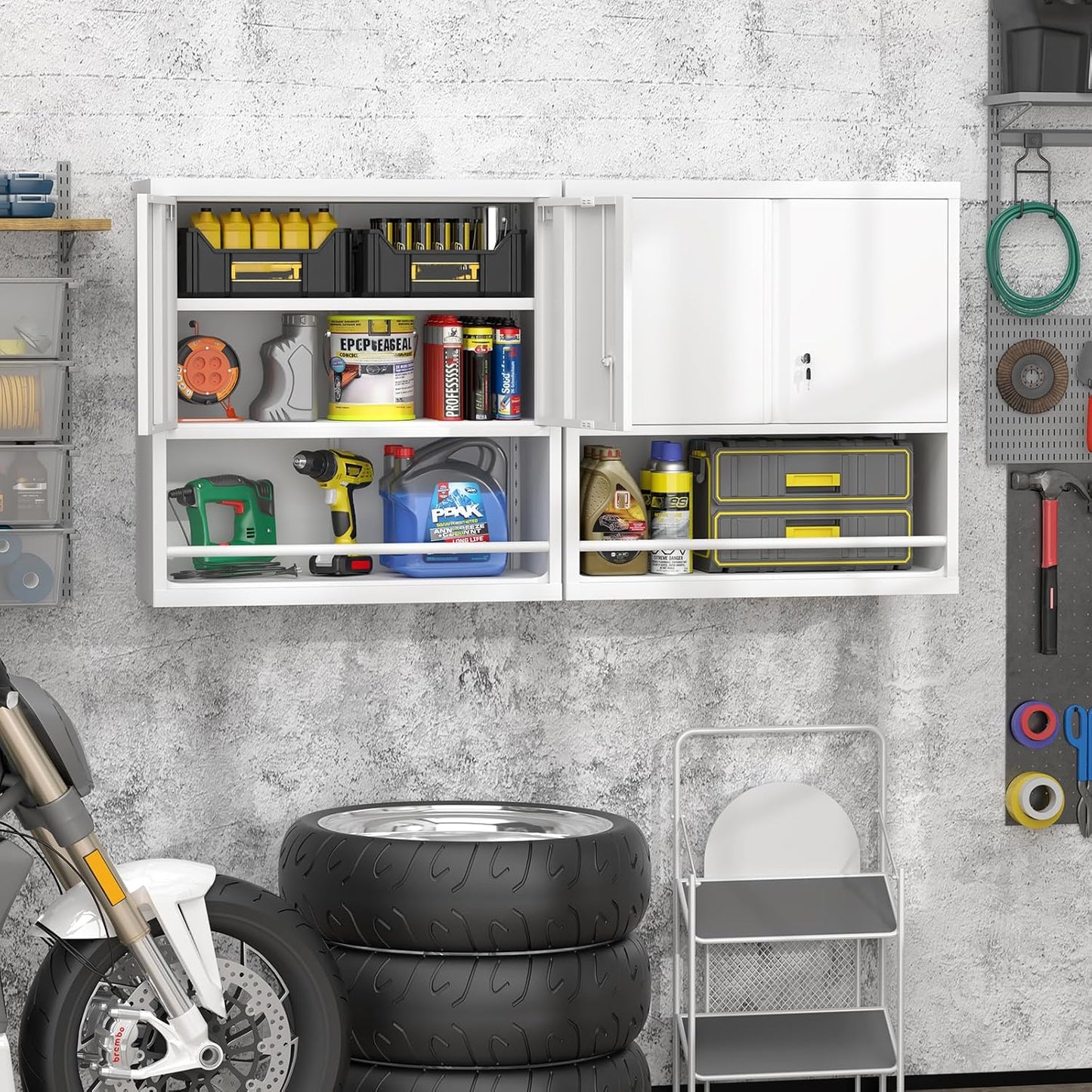 GREATMEET 31" H Locking Metal Garage Storage Cabinet with Doors and Shelves, Lockable Wall Cabinet Storage, White Steel Wall Mount Cabinet Hanging Floating for Office Utility Room