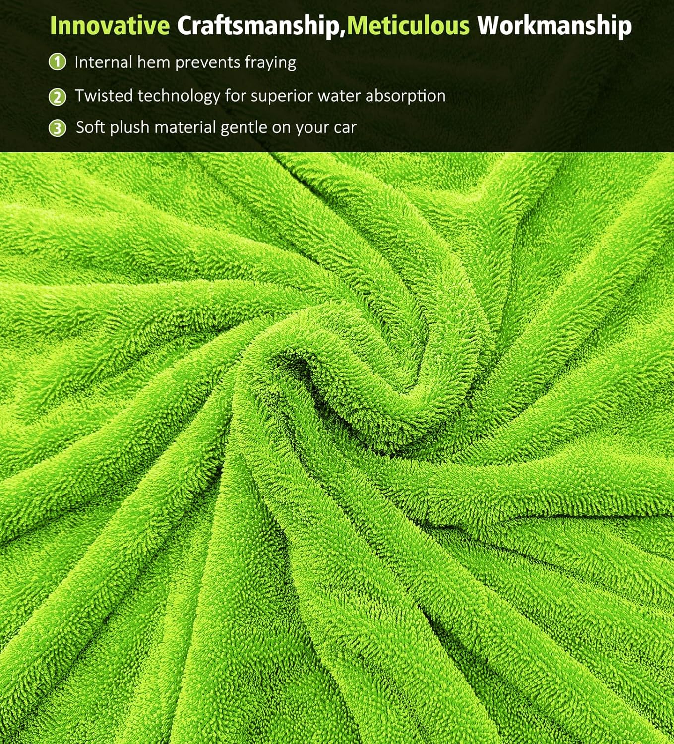 2-Pack Car Drying Towels, 16"x 16" Microfiber Drying Towel for Car Detailing, 1400 GSM High Absorbent Edgeless Streak Free Car Wash Drying Towels for Car Truck SUV, Green&Gray