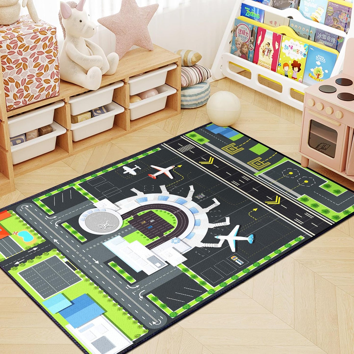 Play Rug for Playroom 2x3 Airport Carpet for Boys Bedroom with Combined City Road Traffic System Aircraft Runway Playmat Rugs Carpet Non-Slip Washable Area Mat