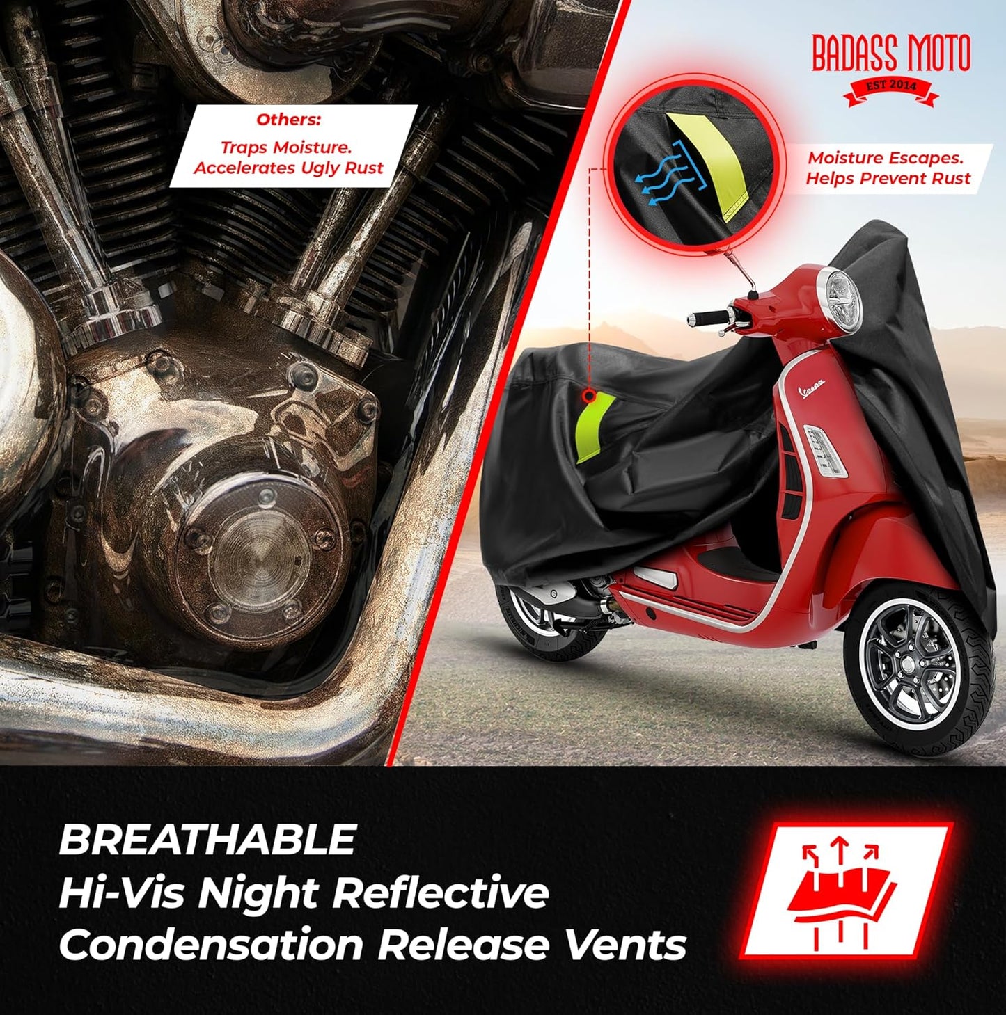 Badass Moto Ultimate Scooter Cover for Vespa Cover, Moped Cover Waterproof Outdoor Fits Honda Ruckus Scooter Cover Fits Honda Super Cub, Heavy Duty Motorcycle Cover Fits Yamaha Zuma 125 Cover