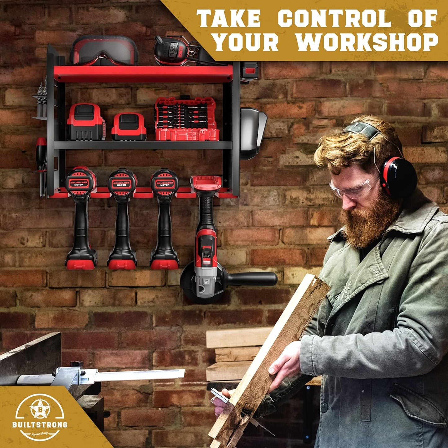 Power Tool Organizer Wall Mount - 3-Tier Heavy-Duty Metal Hand Tool Storage Rack, Utility Racks, Drill Holder, PegBoard Side, & More - Garage Storage Cordless Tool Organizer (Red)