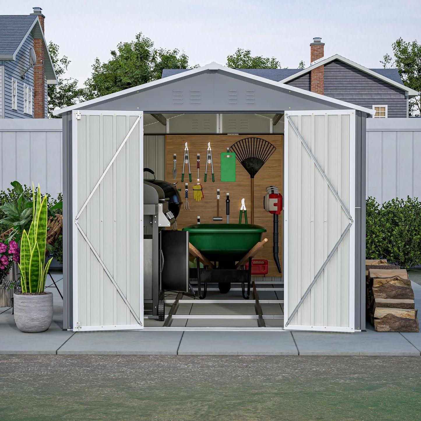 8x12 FT Outdoor Storage Shed,Metal Shed W/Floor,Garden Storage Shed W/ 1 Lockable Hinged Door,All Weather Waterproof Tool House W/ 2 Air Vents & Sloped Roof,for Backyard,Patio,Lawn,Gray