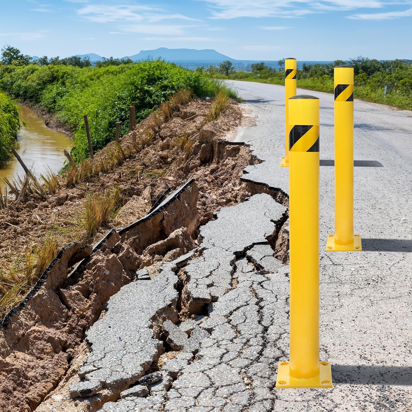 BISupply Safety Bollard Post Parking Barrier 4 Pack - 42in Yellow Pipe Bolt Down Bollard for Garage Lot