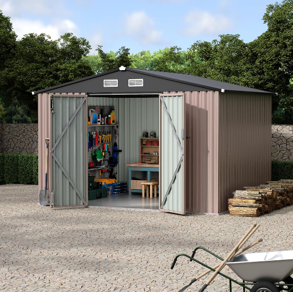 8x10 FT Metal Storage Shed with Floor and Lockable Door for Secure Outdoor Organization