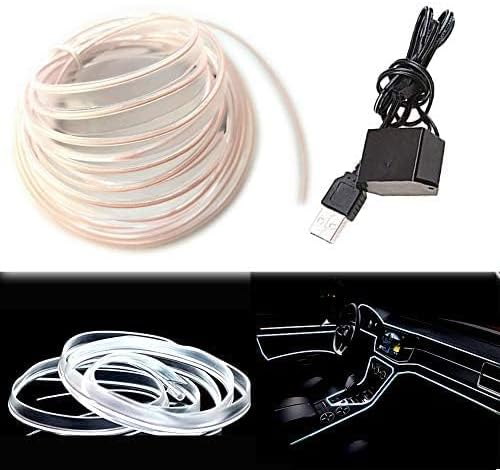 El Wire White Interior Car LED Strip Lights, 5M Neon Wire USB 5V with Fuse Protection for Automotive Interior Decoration, with 6mm Sewing Edge