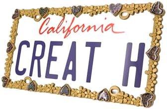 Creathome 3D Shining Daisy Heart License Plate Frame from Pure Zinc Alloy Metal Perfect Plate Holder, Matt Gold with Black Glitter, Luminously Heart