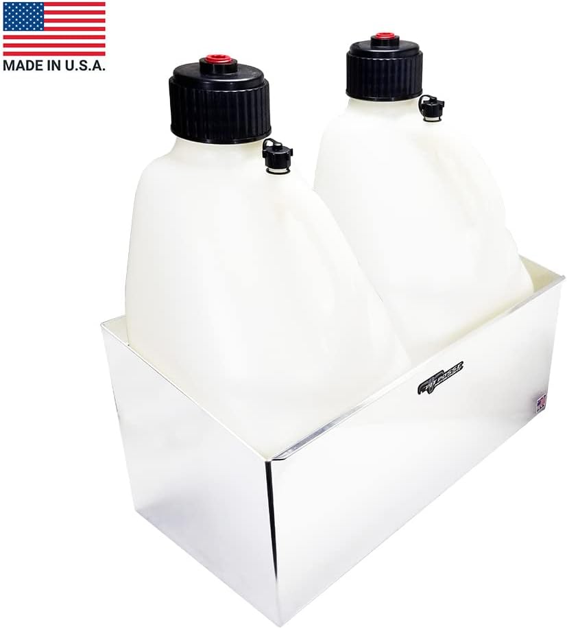 Pit Posse PP3344 Double Utility Jug Holder Storage Rack Shelf - Holds Two 5-Gallon Jugs - Made in USA - Anti-Rusting Aluminum - Shop Garage Enclosed Race Trailer Car Automotive Accessories (Silver)