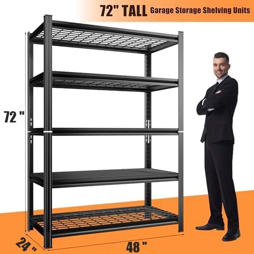 72''H Garage Shelving 3500LBS Capacity Heavy Duty Storage Shelves, Adjustable 5 Tier Metal Industrial Wire Shelf for Kitchen, Utility Room, Warehouse and Basement, Black (48''Wx24''Dx72''H)