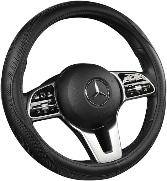 Cowhide Steering Wheel Cover Heat Resistant Anti-Slip Car Wheel Wrap Compatible with Most Makes and Models of Cars and Trucks with 14.5 to 15 Inch Steering Wheel(Black)