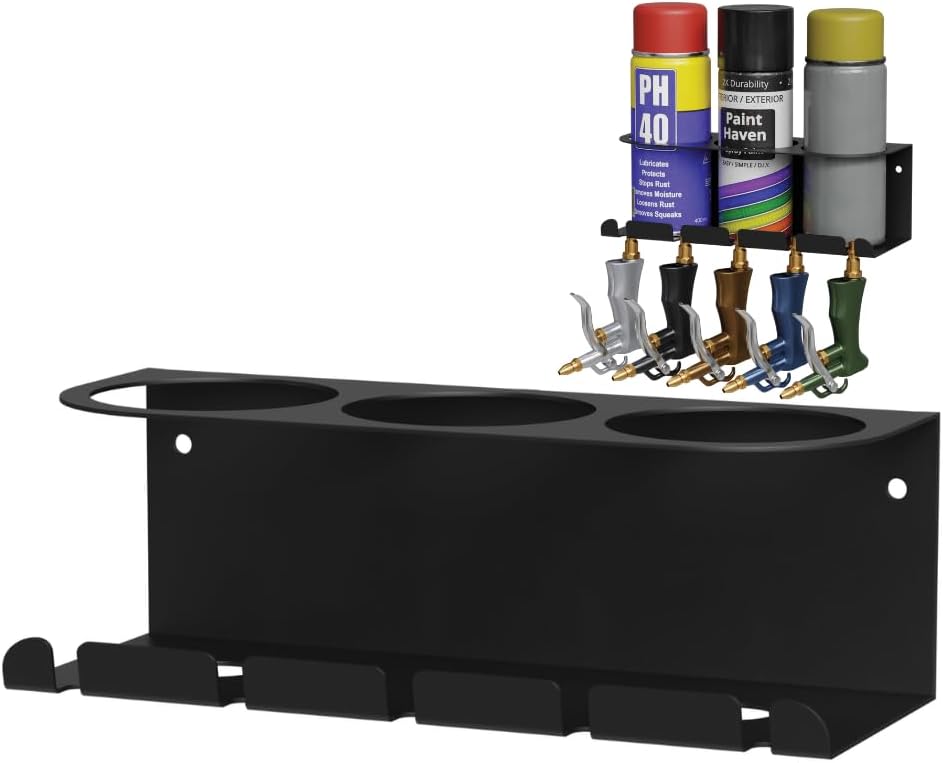 Koova Wall Mount Air Tool Holder with 3 Aerosol Can Storage - Durable Metal Construction - Made in USA - Includes Hardware for Garage & Workshop Organization