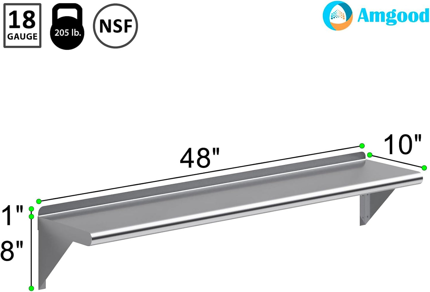 AmGood 48" Long X 10" Deep Stainless Steel Wall Shelf | NSF Certified | Appliance & Equipment Metal Shelving | Kitchen, Restaurant, Garage, Laundry, Utility Room