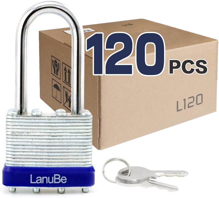 LanuBe Laminated Padlock 1-9/16inch (40mm) Long Shackle 120 Pack Keyed Alike, Blue Plastic Hoop, Bulk Locks for Warehouse, School
