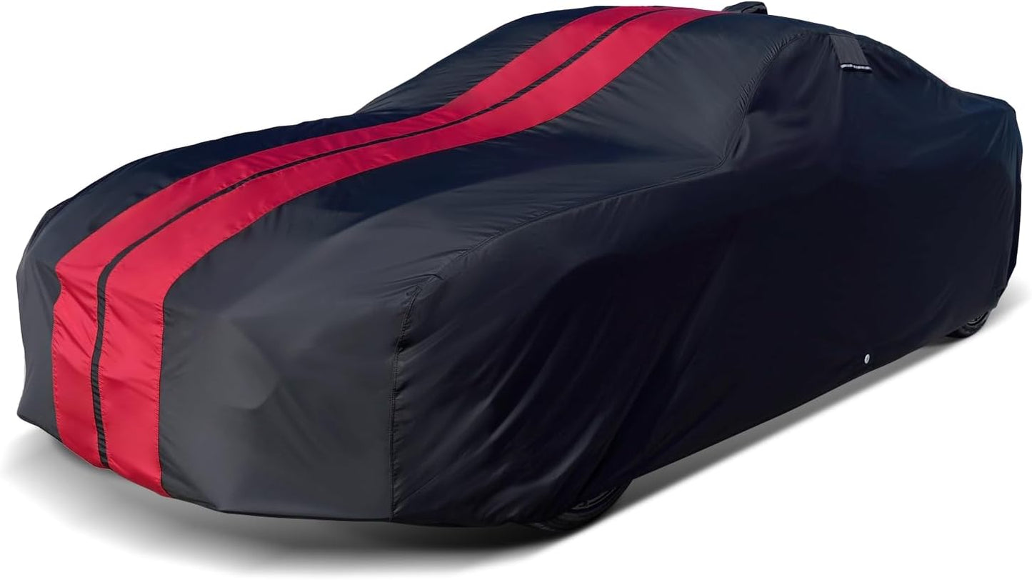 iCarCover Custom Car Cover for Pontiac Grand Am (1973-1975) Waterproof All-Weather Rain Snow UV Sun Protector Full Exterior Indoor Outdoor Car Cover (Stripe - Black/Red)