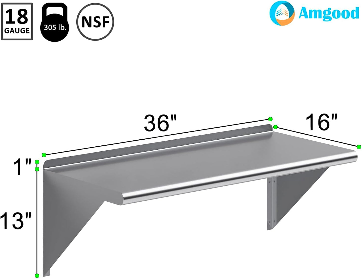 AmGood 36" Long X 16" Deep Stainless Steel Wall Shelf | NSF Certified | Appliance & Equipment Metal Shelving | Kitchen, Restaurant, Garage, Laundry, Utility Room