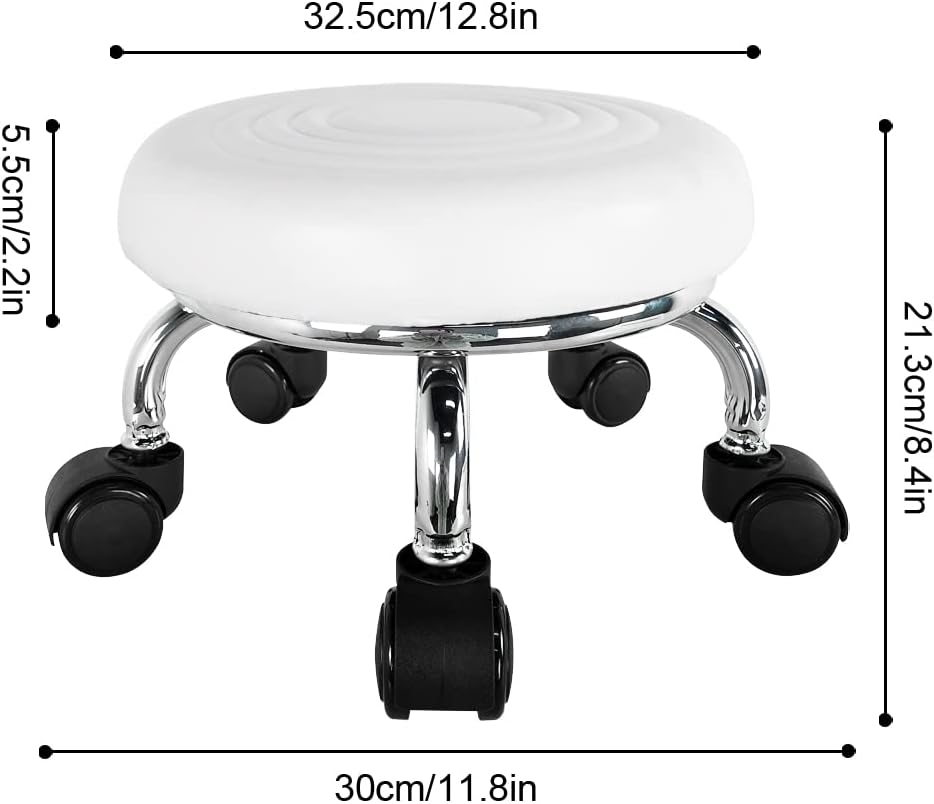 Modern PU Leather Low Round Rolling Stool - 360 Swivel with Universal Caster Wheels, Small Stool for Home Office, Garage, Shop, Fitness, Sport - H:8.4' White