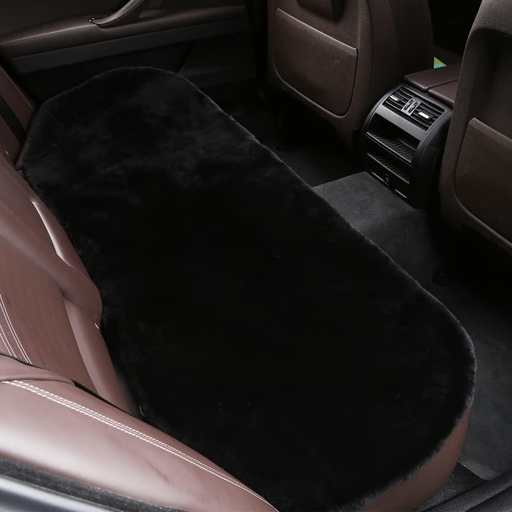 LLB Genuine Sheepskin Car Seat Cushion Seat Covers for Cars Truck SUV Comfort Seat Protector Pad for Car Driver Seat Car Accessories for Decor (Black, 2 Front Seat Cushions & Bench Seat Cushion-3 Pcs)