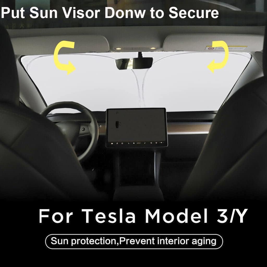 Gven Windshield Sun Shade for Tesla Model Y/3 Accessories 2025 Car Front Window Shade 100% Blackout Dual-Sided UV Protection (Black Eyes)