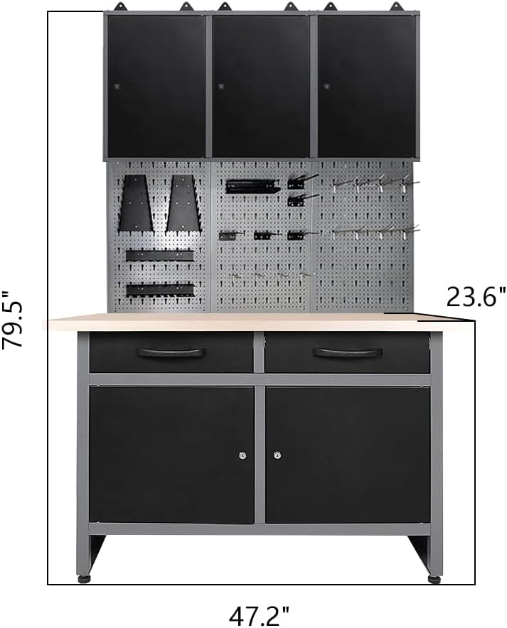 JZD Workshop Tool Cabinet Set System with Wood Worktop, for Auto Repair Shops, Utility Room Garage