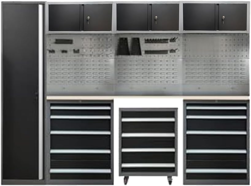JZD Heavy Duty Metal Garage Shop Tool Storage Cabinet Set System with Wood Tabletop, for Basement Automotive Repair Shop
