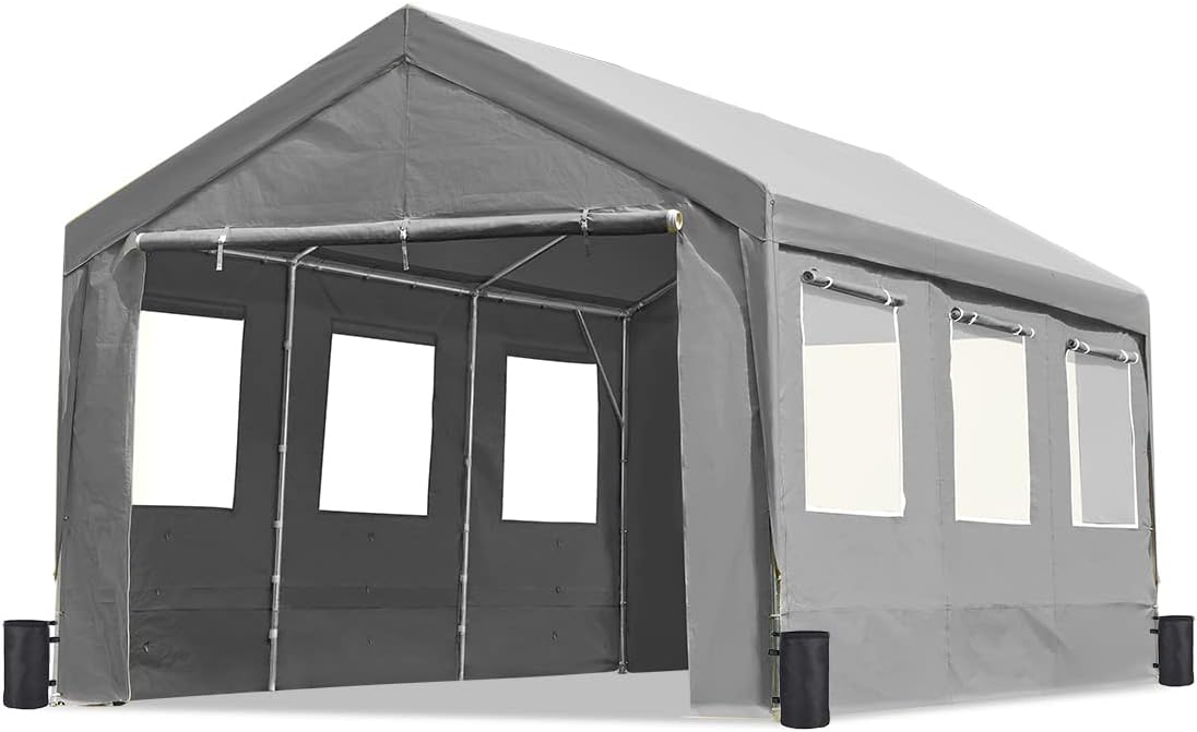 ADVANCE OUTDOOR 10x20 ft Adjustable Height Carport with Removable Window Sidewalls and Doors, Heavy Duty Car Canopy Garage Party Tent Boat Shelter with Reinforced Poles, Gray