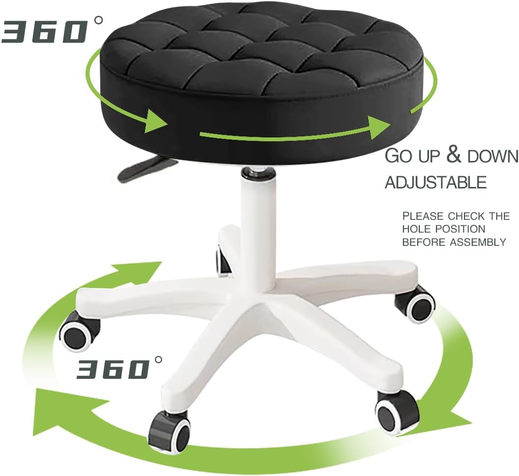 Small Chair Round Rolling Stool with Wheels PU Leather Height Adjustable Swivel Drafting Work SPA Salon Stools Home Office Chair,4 Pack