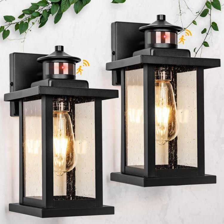 Motion Sensor Outdoor Lights Wall Mount, Dusk to Dawn Garage Exterior Light Fixture 2 Packs, Outdoor Wall Lighting with E26 Socket, Waterproof Unique Glass Shade, Exterior Lights for House, Porch