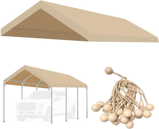 10'x20' Upgraded Carport Replacement Top Canopy Cover for Car Garage Shelter Tent Party Tent with Ball Bungees Beige (Only Top Cover, Frame is not Included)