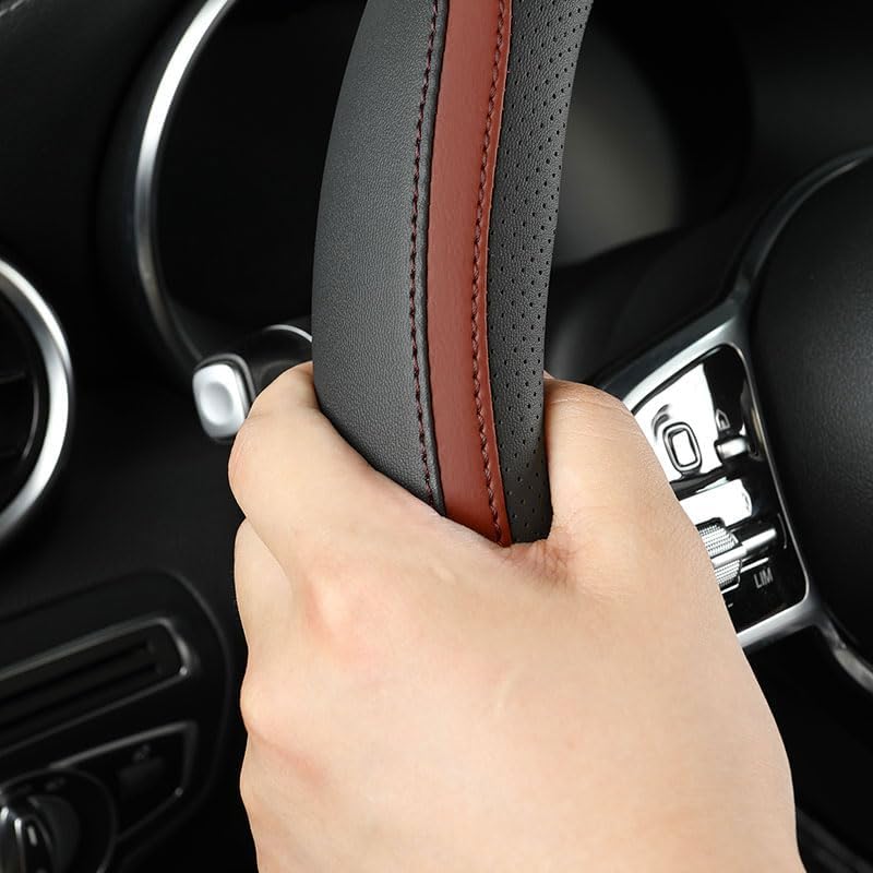 Car Steering Wheel Cover, Leather Steering Wheel Cover Brown Universal 14.5-15 Inch Microfiber Leather Anti-Slip Breathable Auto Steering Wheel Covers for Men Women (Black&Brown)