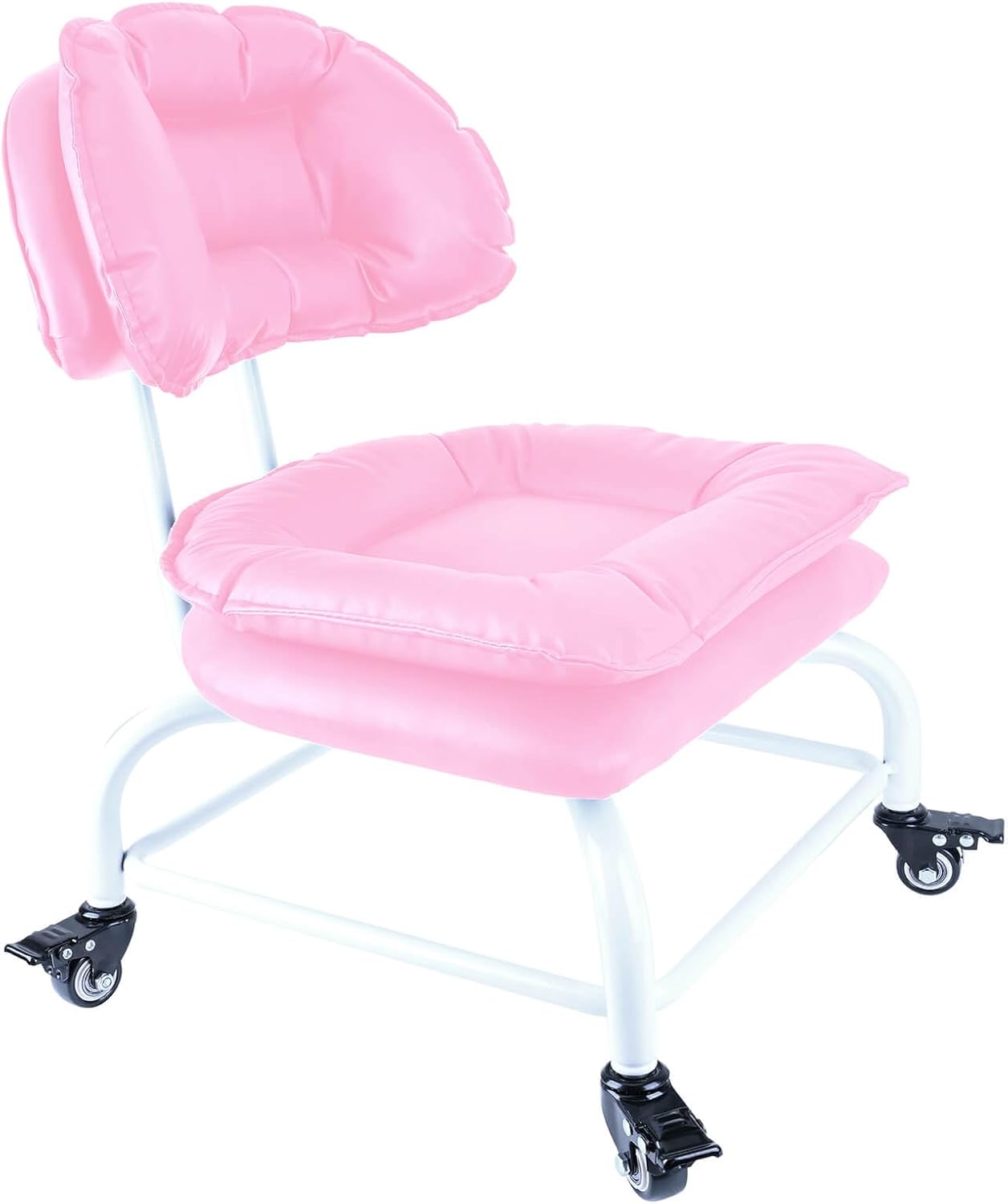 Rolling Stool Wide Seat with Back Rolling Chair 4 Wheels with Brakes for Home Office Garage Shop Waterproof Roller Seat Durable Steel Stand Pink