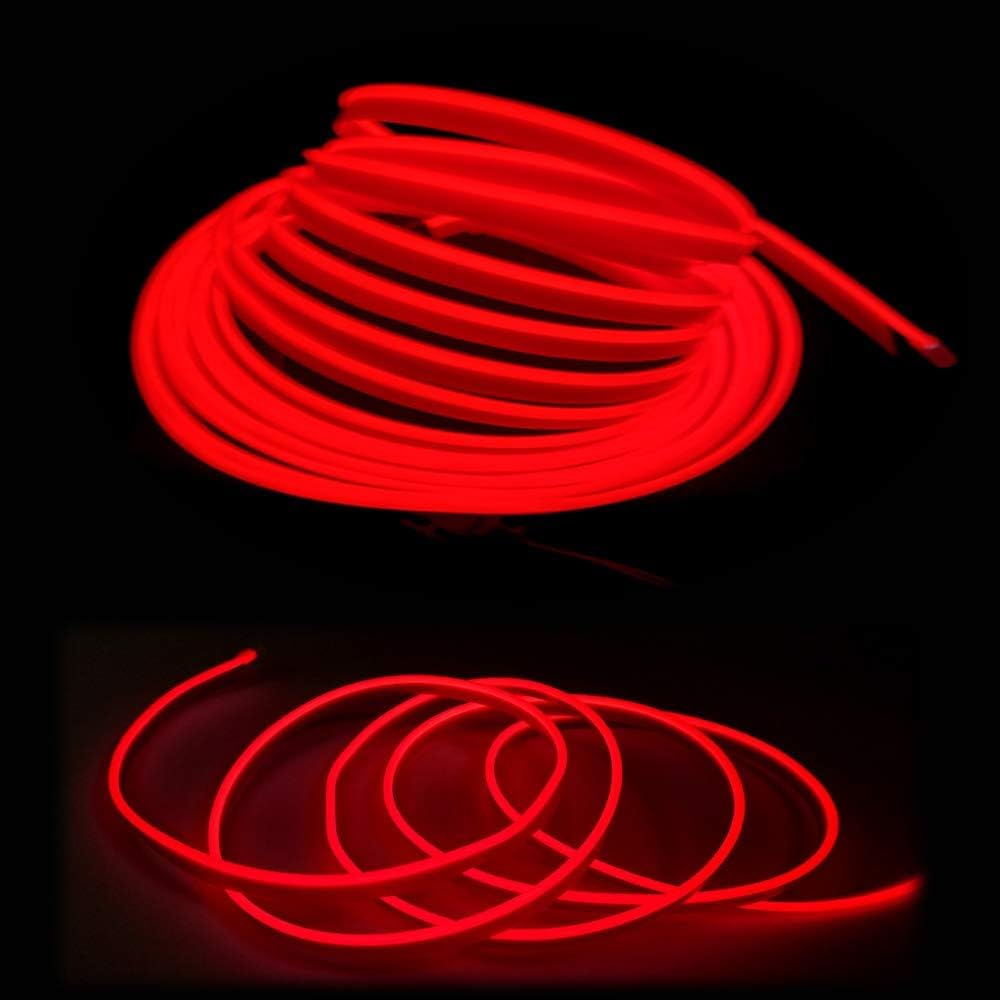 El Wire Red Interior Car LED Strip Lights, 2M Neon Wire USB 5V with Fuse Protection for Automotive Interior Decoration, with 6mm Sewing Edge