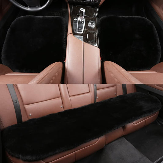 LLB Genuine Sheepskin Car Seat Cushion Seat Covers for Cars Truck SUV Comfort Seat Protector Pad for Car Driver Seat Car Accessories for Decor (Black, 2 Front Seat Cushions & Bench Seat Cushion-3 Pcs)