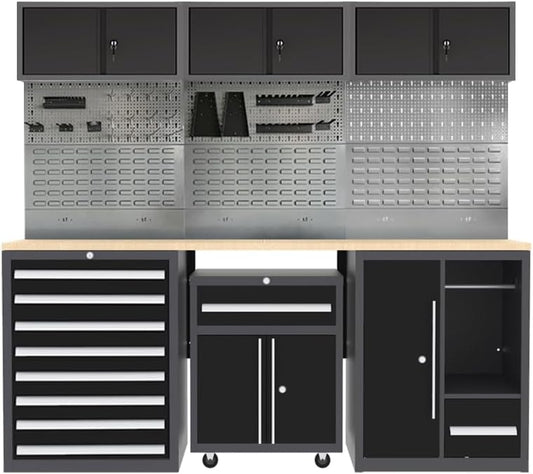 Garage Tool Storage Cabinet System with Wooden Tabletop, for Workshop Auto Repair Shop, No Wall Mounting Needed