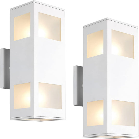 harriet Porch Lights Outdoor Modern - IP64 Waterproof Aluminum and Tempered Glass Cover, 13" Rectangular Up/Down Wall Sconce for Porch, Garage & Patio, Exterior Lighting, White, 2 Pack