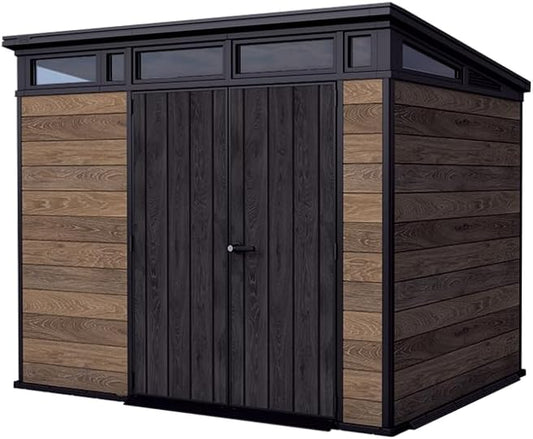 Keter Signature Collection 9x7 Ft All-Weather Storage Shed with Skylight, Window, Built-in Ventilation, Customizable Walls, & Lockable Double Doors, Walnut