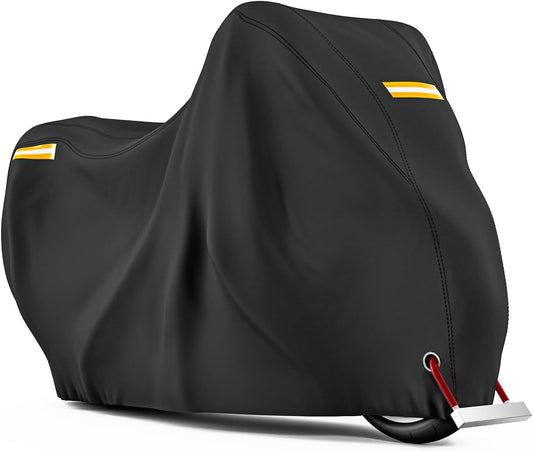 210D Motorcycle Cover All Season Waterproof Breathable Sun Outdoor Protection Three Reflective Tape with Lock-Holes & Storage Bag Bike Scooter Cover Universal (Black, 104''*41''*50'')