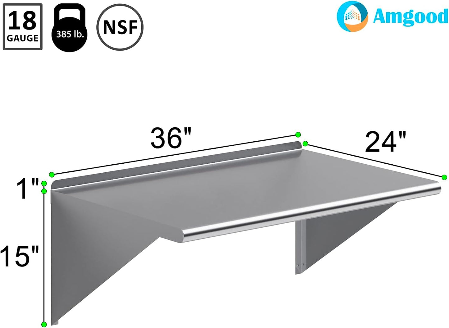 AmGood 36" Long X 24" Deep Stainless Steel Wall Shelf | NSF Certified | Appliance & Equipment Metal Shelving | Kitchen, Restaurant, Garage, Laundry, Utility Room