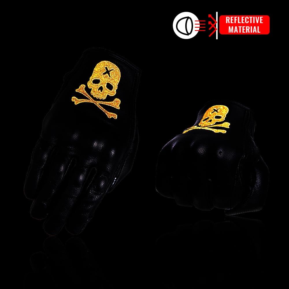 Goatskin Leather Motorcycle Motorbike Powersports Racing Gloves Reflective Skull Touchscreen for Men and Women Model