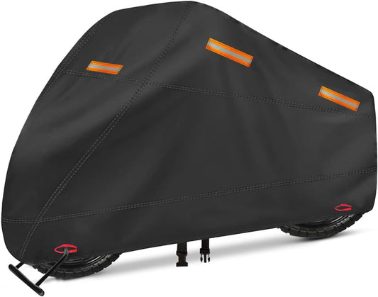 Motorcycle Cover, Heavy Duty 600D Oxford, Waterproof Outdoor, Weather Resistant, Rip-Proof, Anti-UV with 5 Reflective Strips, 2 Lock-Holes, 1 Windproof Strap, 1 Storage Bag (105" x 41" x 50")