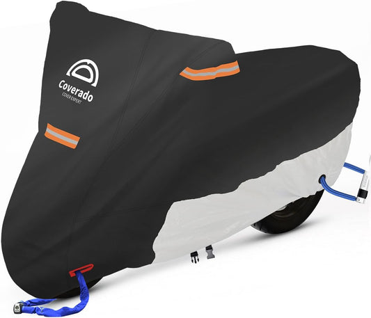 Motorcycle Cover Waterproof Outdoor, Coverado All Weather Protection Motorbike Cover with Lockholes and Night Reflector, Universal Fit for Harley Davidsion Yamaha Honda Suzuki etc (up to 111" Motors)